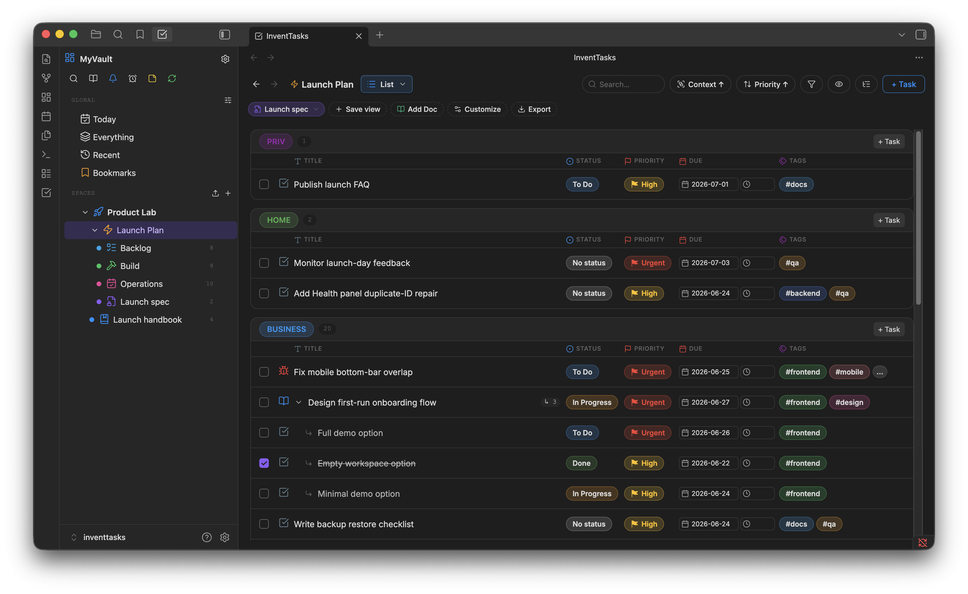 InventTasks list view inside Obsidian with grouped tasks, inline editing and columns