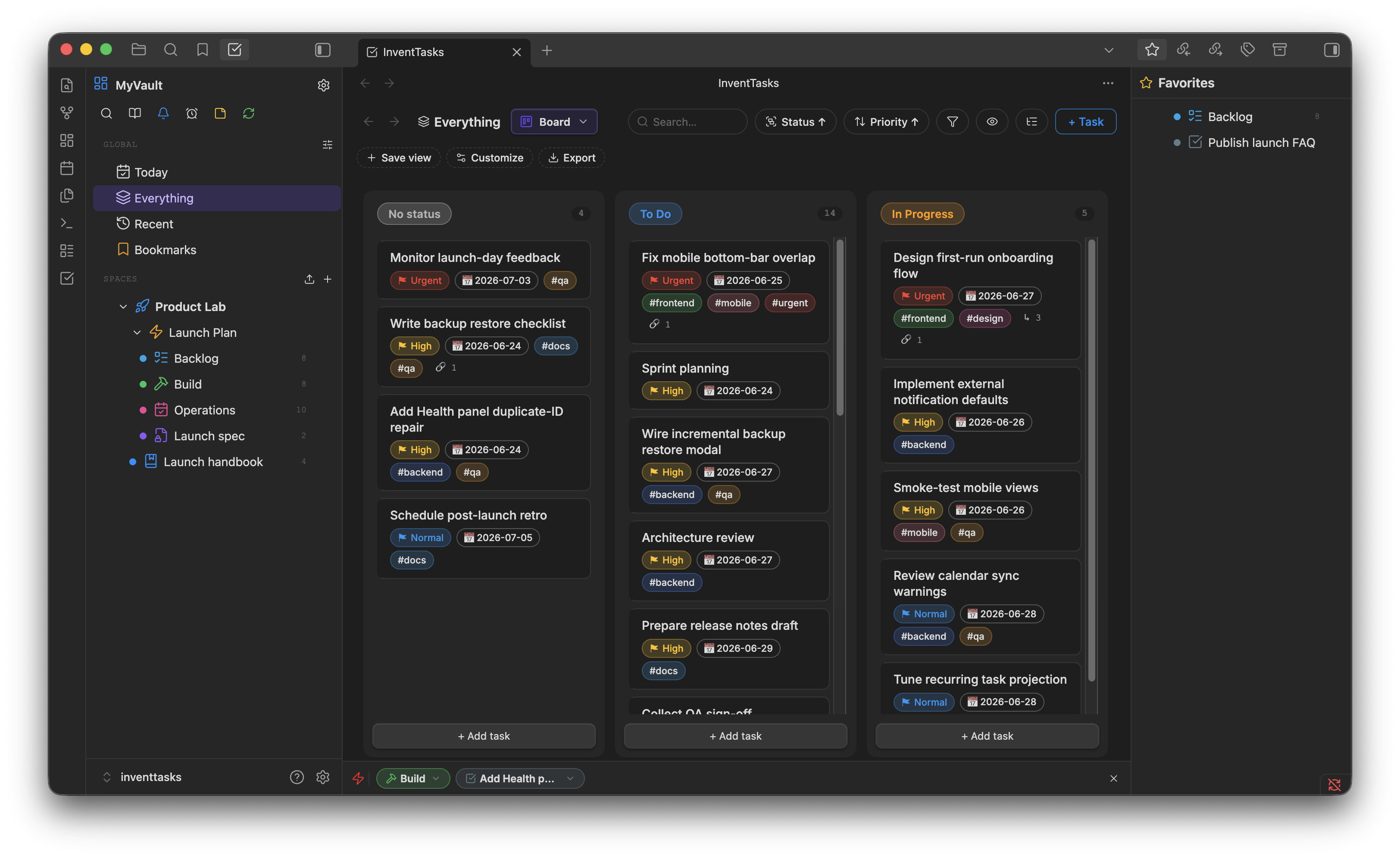 InventTasks Kanban board inside Obsidian with columns by status and task cards