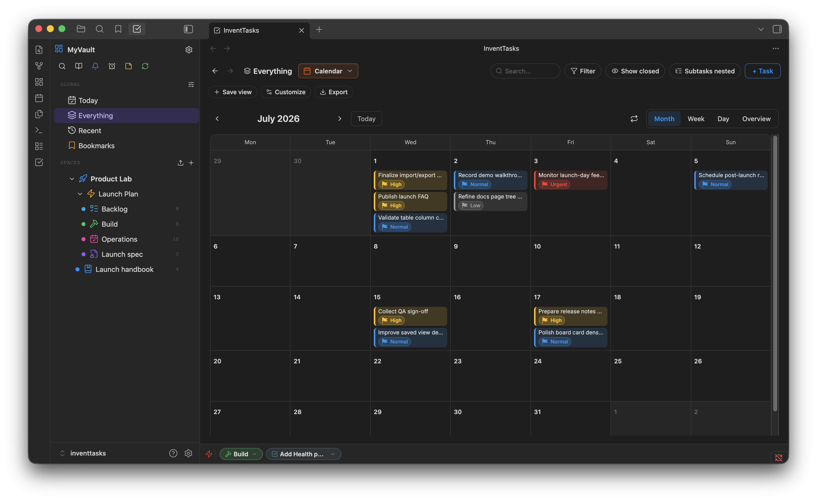 InventTasks calendar view inside Obsidian showing tasks placed on a monthly grid