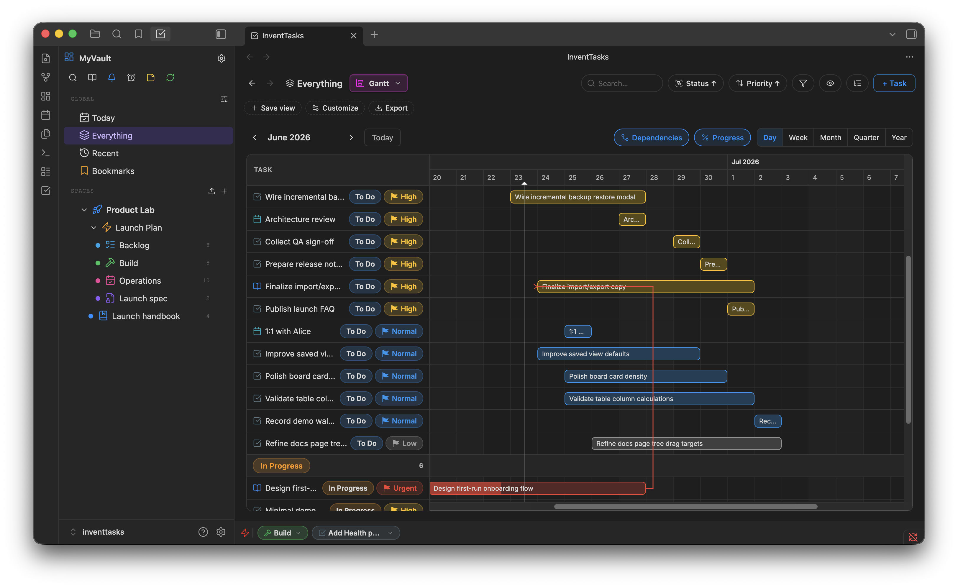 InventTasks Gantt view inside Obsidian showing task bars, dependency arrows and a timeline header