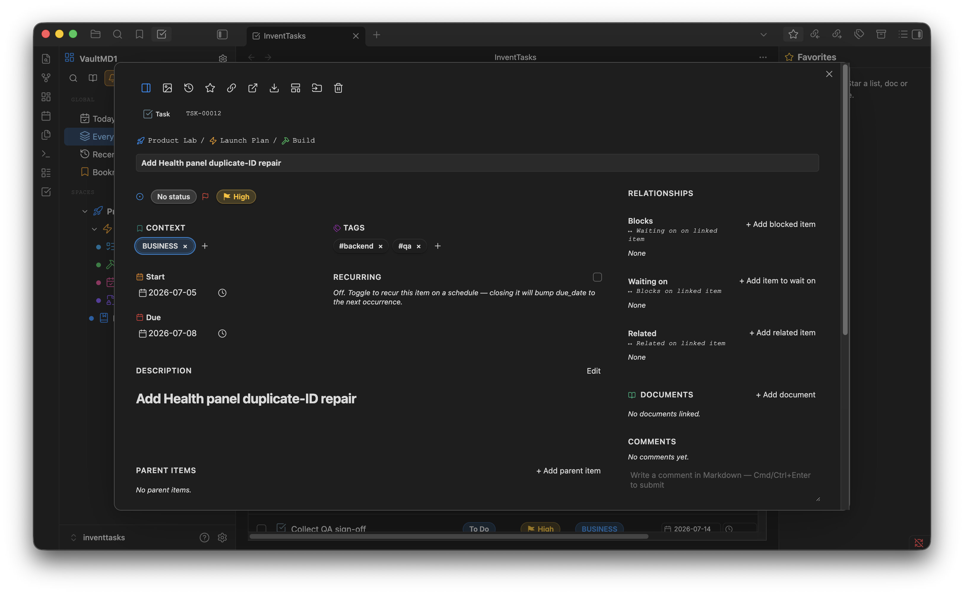 The InventTasks task window in Obsidian, showing the relationships panel with Blocks, Waiting on and Related sections