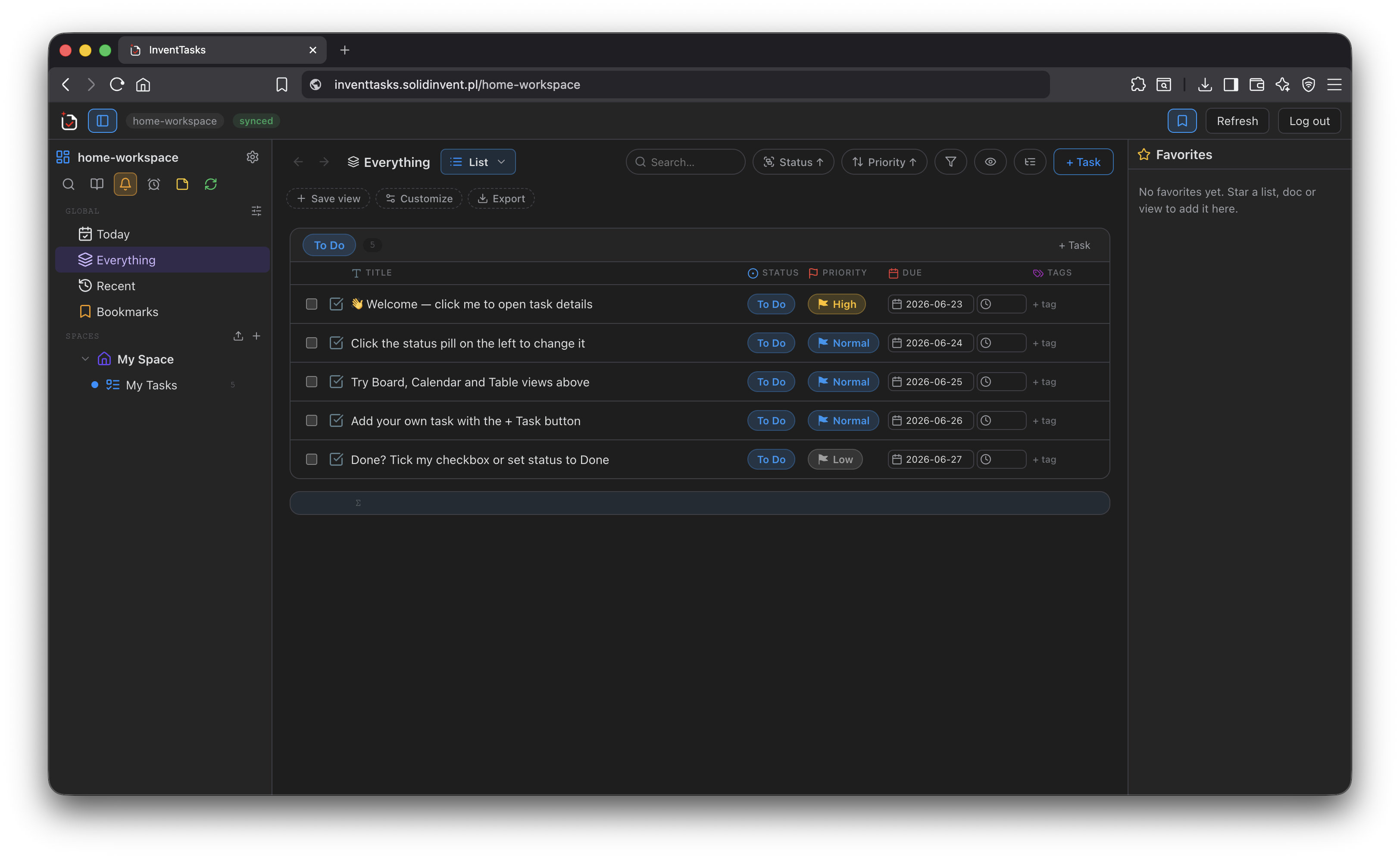 An Obsidian vault open in a web browser through the InventTasks web app, with the file tree and task list