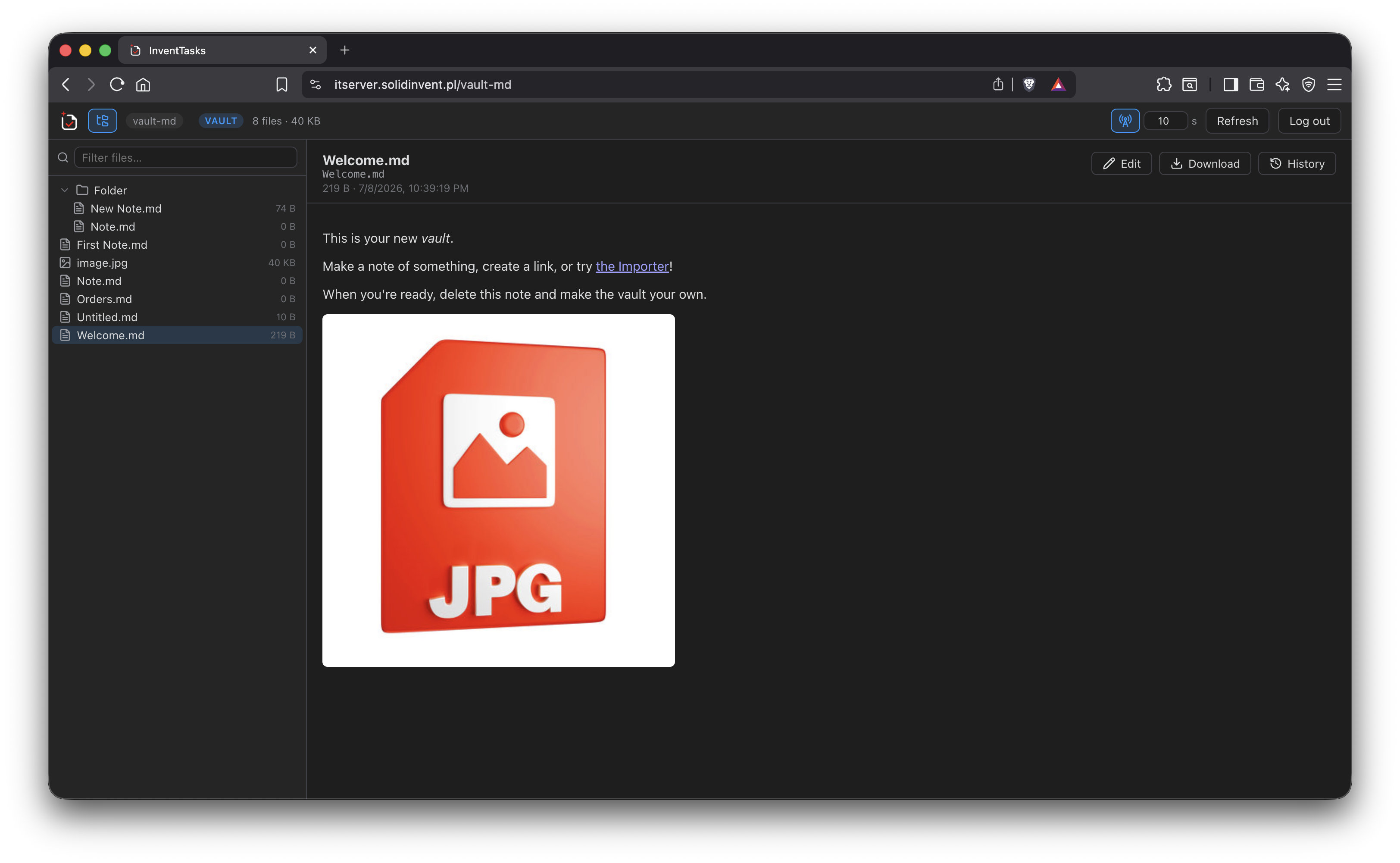 The vault browser in a web browser: file tree on the left, a Markdown note rendered on the right