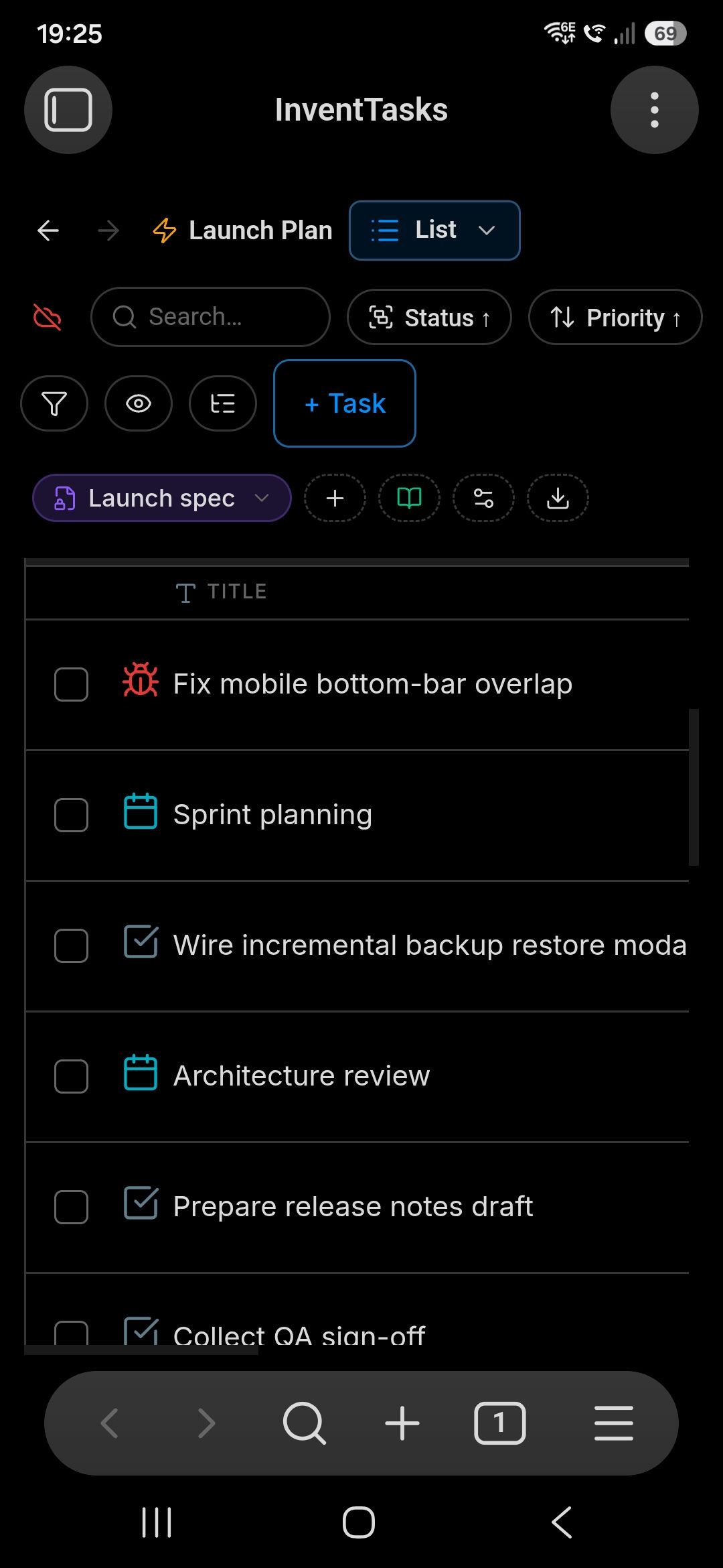 InventTasks running on an Android phone inside Obsidian, showing a task list with filters and a toolbar