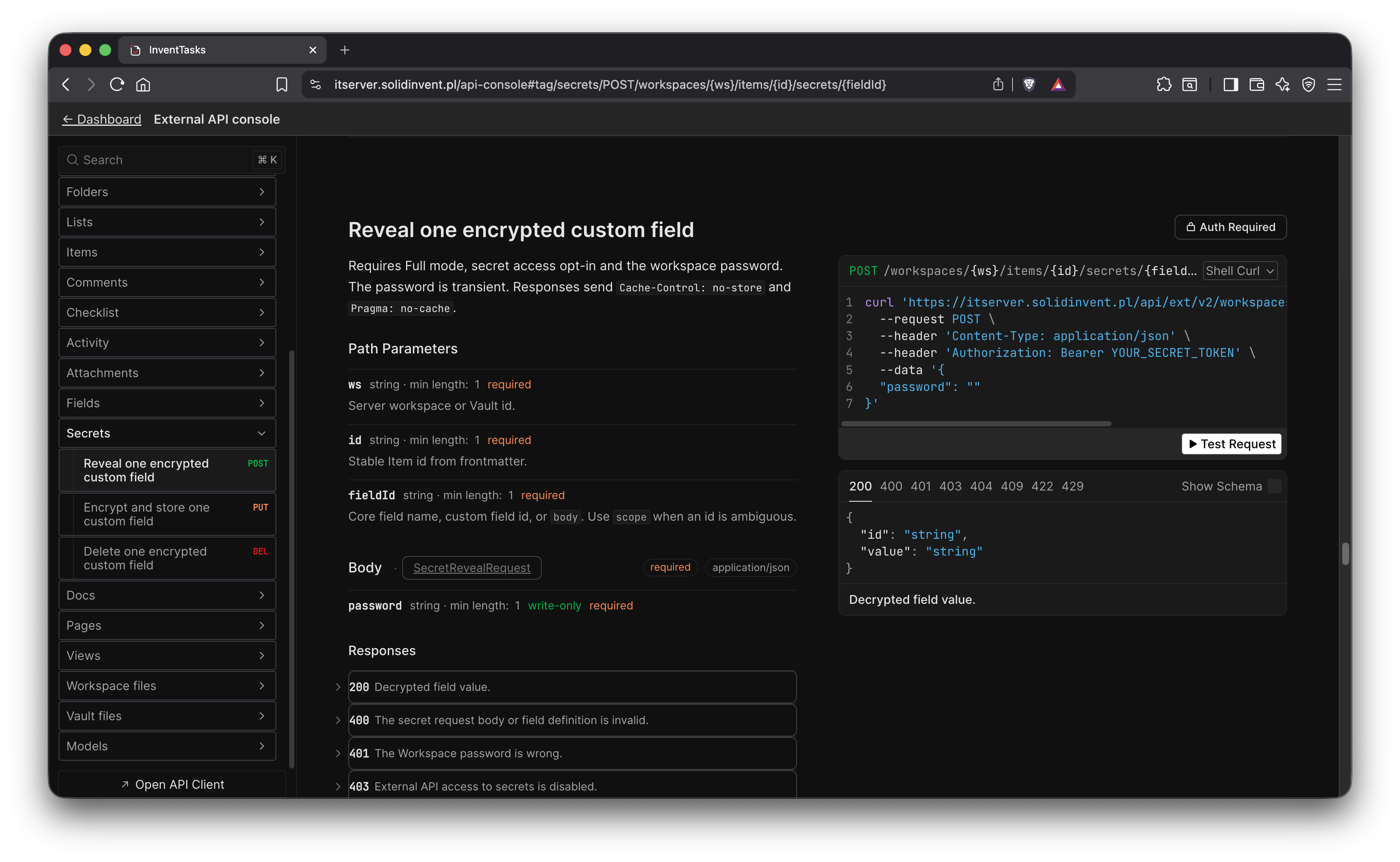The InventTasks API console in a browser, showing an endpoint definition with parameters, responses and a live request panel